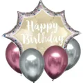 Ballongbukett: ''Happy birthday'', sølv og rosa