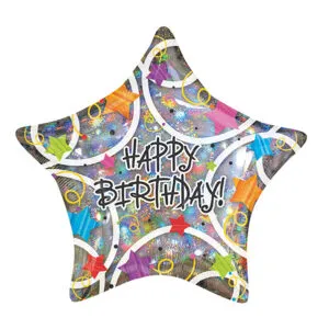 Folieballong: Fargerik Stjerne - "Happy Birthday" - 43cm