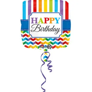 Folieballong: "Happy Birthday" - Fargerike Striper - 43cm
