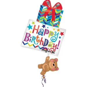 Folieballong: "Happy Birthday" - Bamse som Holder Gave - 53 x 86cm