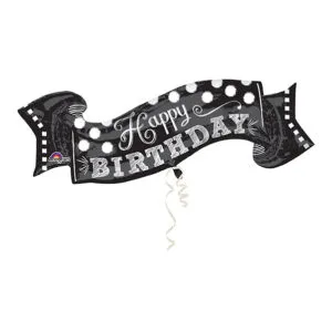 Folieballong: "Happy Birthday" - Svart & Hvit - 101 x 48cm