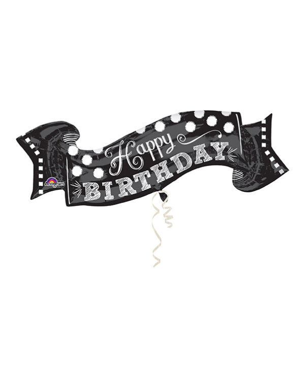 Folieballong: "Happy Birthday" - Svart & Hvit - 101 x 48cm
