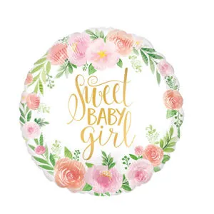 Folieballong: "Sweet Baby Girl" - Blomster - 45cm