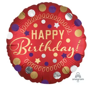 Folieballong: "Happy Birthday" - Rød med prikker - 43cm