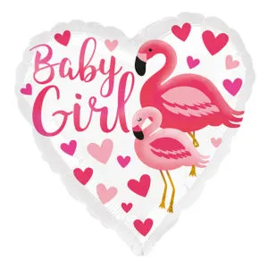 Folieballong: Hjerte - "Baby Girl" - Hjerter & Flamingo - 43cm