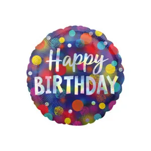 Folieballong: "Happy Birthday" - Iriserende Prikker - 43cm