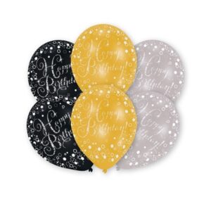 Lateksballonger (6stk): "Happy Birthday" - Svart, Gull & Sølv - 27,5cm