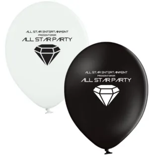 Svarte og hvite logoballonger med Allstar Entertainment-trykk