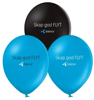 Blå og svarte logoballonger med Telenor-trykk