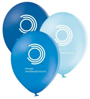Blå og lyseblå ballonger med hvitt profiltrykk