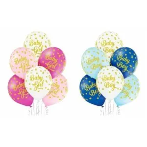 Lateksballonger (6stk): "Baby Girl / Boy" med prikker - 30cm - Jente