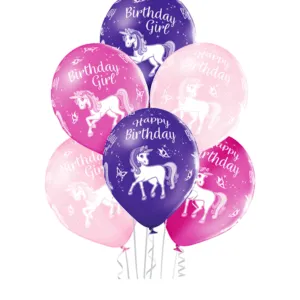 Lateksballonger (6stk): "Happy Birthday" - Enhjørning - 30cm