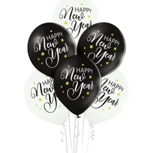Lateksballonger (6stk): "Happy New Year" - 30cm - Hvit & Svart (Pastel)
