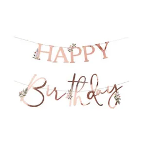 Banner / Girlander:"Happy Birthday" med blomster - Rosegull - 2 x 2m