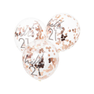 Lateksballonger / Konfettiballonger (5stk): "Hello 21" & Rosegull Konfetti - 30cm
