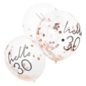 Lateksballonger / Konfettiballonger (5stk): "Hello 30" & Rosegull Konfetti - 30cm