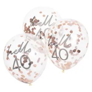 Lateksballonger / Konfettiballonger (5stk): "Hello 40" & Rosegull Konfetti - 30cm