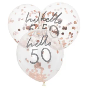 Lateksballonger / Konfettiballonger (5stk): "Hello 50" & Rosegull Konfetti - 30cm