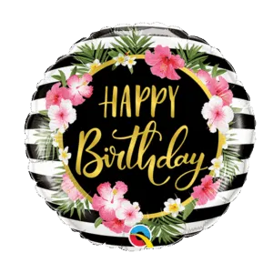 Folieballong: "Happy Birthday" - Hibiscus & Striper - 46cm