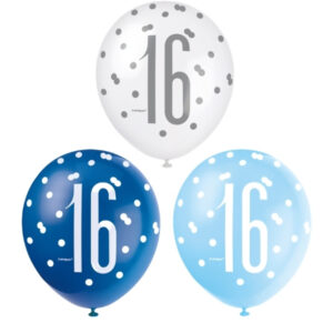 Lateksballonger (6stk): "16" - Blå & Sølv Glitz - 30cm