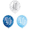 Lateksballonger (6stk): "40" - Blå & Sølv Glitz - 30cm