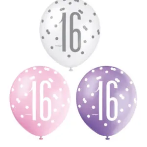 Lateksballonger (6stk): "16" - Rosa, Lilla, Hvit & Sølv - 30cm