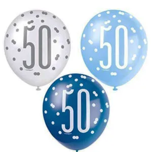 Lateksballonger (6stk): "50" - Hvit & Blå med Sølv skrift - 30cm
