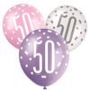 Lateksballonger (6stk): "50" - Rosa, Lilla, Hvit & Sølv - 30cm
