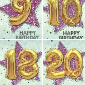 Kort: "Happy Birthday" - Ulike tall - Stjerne & Ballong - Gull