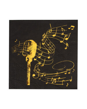 Servietter (20stk): "Music" & Noter - Gull & Svart - 12,5cm