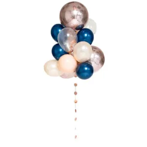 Ballongbukett: Rosegold and midnight blue orb bouqet