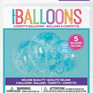Lateksballonger / Konfettiballonger (5stk): Hjerter - Gjennomsiktig - Flere konfetti farger - 41cm - Blå