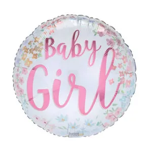 Folieballong: "Baby Girl" - Blomster - 43cm