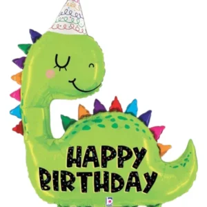 Folieballong: "Happy Birthday" dinosaur med festhatt - 97 cm