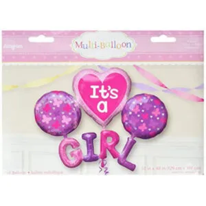 Folieballong / Multiballong: "It’s a girl" med hjerte og banner - Rosa - 130cm