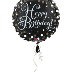 Folieballong: "Happy Birthday" med prikker - Svart & Hvit - 43cm