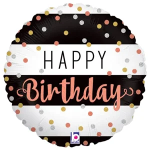 Folieballong: "Happy Birthday" med striper & glitter - Svart & Hvit - 46cm