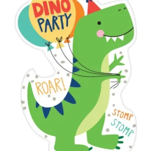 Invitasjonskort (8stk): "Dino Party" - Dinosaur med festhatt - Grønn