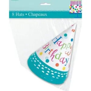 Festhatter (8stk): Konfetti kake med "Happy Birthday"
