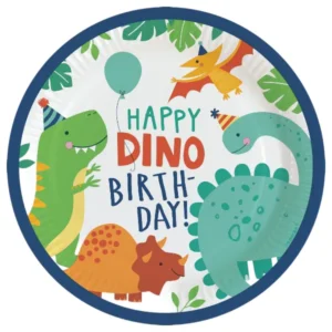 Tallerkener (8stk): "Happy Birthday" - Dinosaur - Blå & Grønn - 23 cm