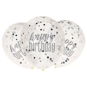 Lateksballonger (6stk): "Happy Birthday" - Konfetti - Svart & sølv - 30cm