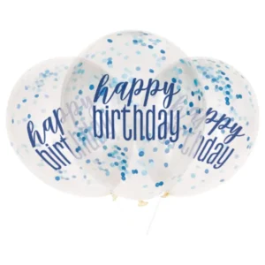 Lateksballonger (6stk): "Happy Birthday" - Konfetti - Blå & sølv - 30cm