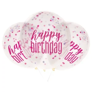Lateksballonger (6stk): "Happy Birthday" - Konfetti - Rosa & sølv - 30cm