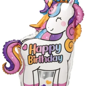 Folieballong: "Happy Birthday" - Unicorn med krone - Fargerik - 91cm