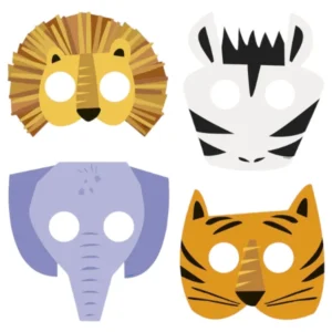 Masker (8stk): Safari - Løve, Zebra, Elefant, Tiger