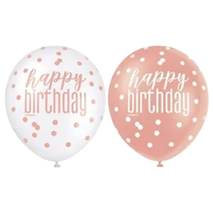 Lateksballonger (6stk): "Happy Birthday" - Flere Farger - 30cm - Rosegull