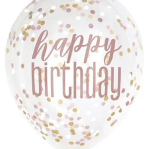 Lateksballonger (6stk): "Happy Birthday" med konfetti - Rosegull - 30cm