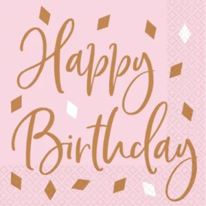 Servietter (16stk): "Happy Birthday" med diamantformer - Rosegull - 16,5 x 16,5 cm