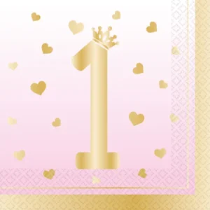 Servietter (16stk): "1" med krone - Rosa Ombre - 16,5cm