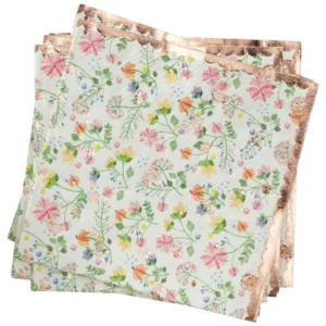 Servietter  (16stk): Blomstertrykk servietter med gyllen kant - Hvit - 17cm H x 18cm B